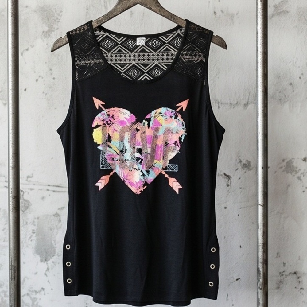 Unbranded M Ladies Y2K Black Heart Graphic Lace Yoke Sleeveless Tank Top Goth